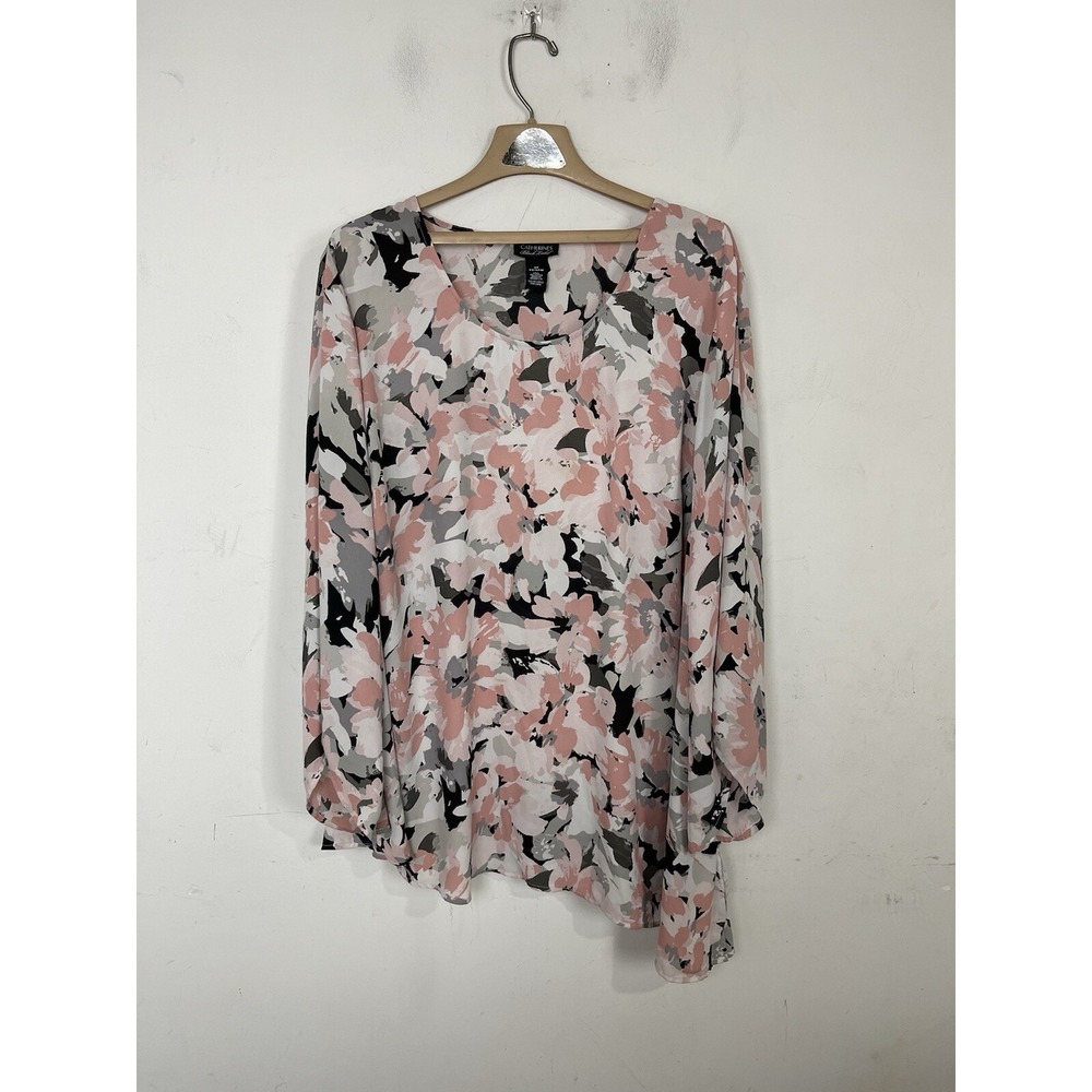 Catherines Womens Shirt 2X Pink Floral Asymmetrical Flowy Office Career Spring